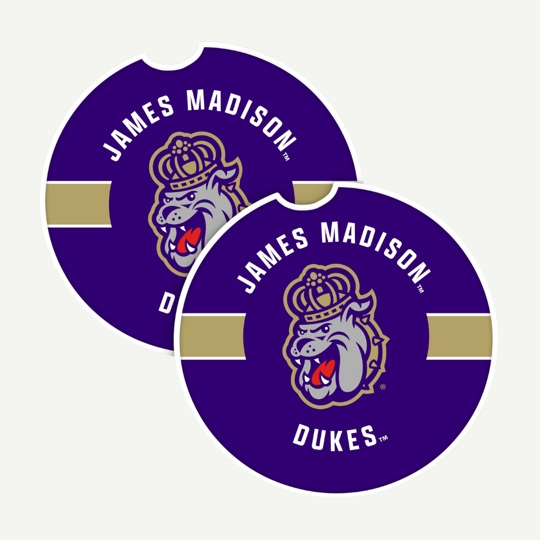 Purple car coaster featuring James Madison Dukes with a gold stripe and Duke Dog logo