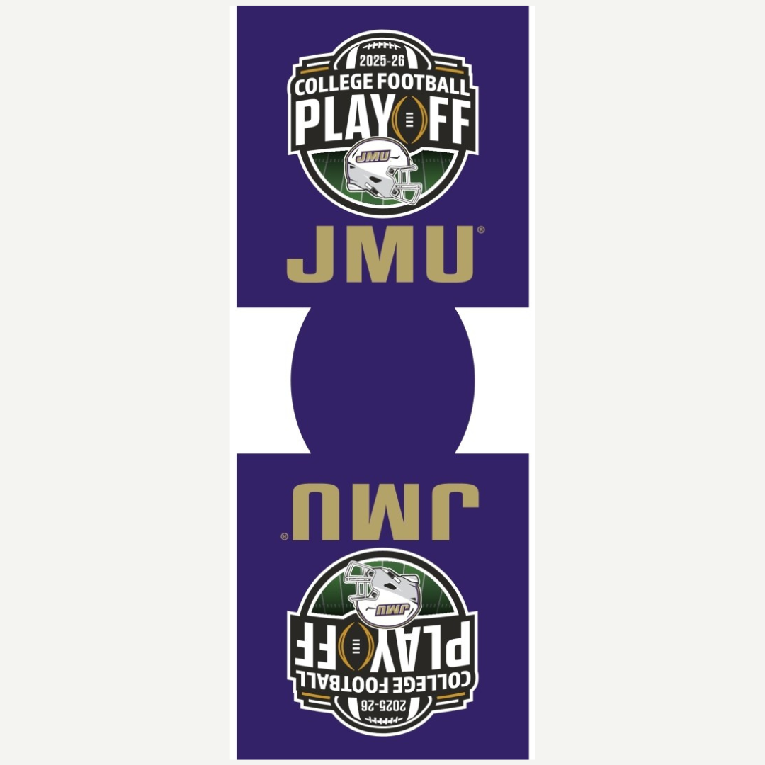 Can cooler with JMU and College Football Playoff logos on a white background