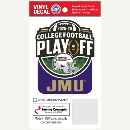 Vinyl decal for 2025-26 College Football Playoff featuring JMU on a white background.