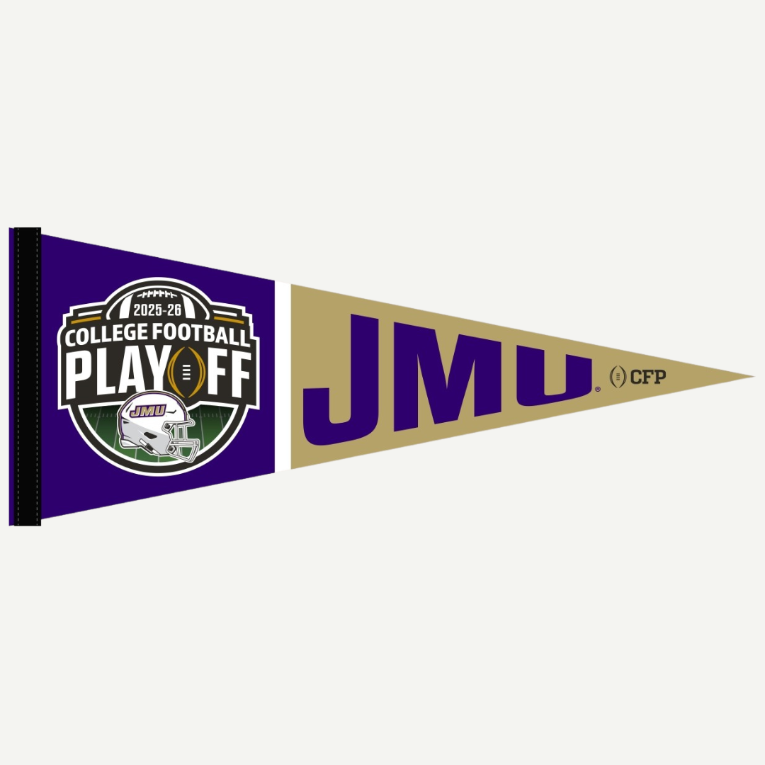 Two pennants, one for the College Football Playoff and the other for JMU, on a white background.