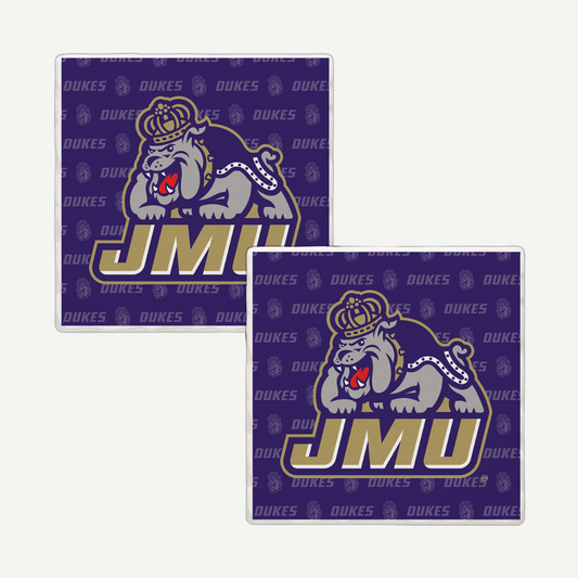  JMU coasters with a bold Duke Dog logo over a repeating "DUKES" pattern.