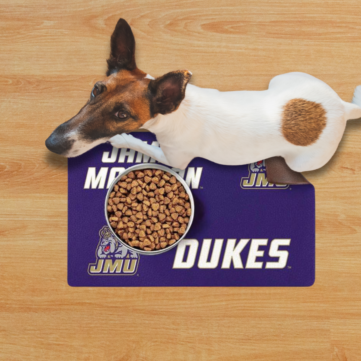 James Madison Dukes Food & Water Mat featuring JMU logo and purple background, perfect for pet owners and JMU fans.