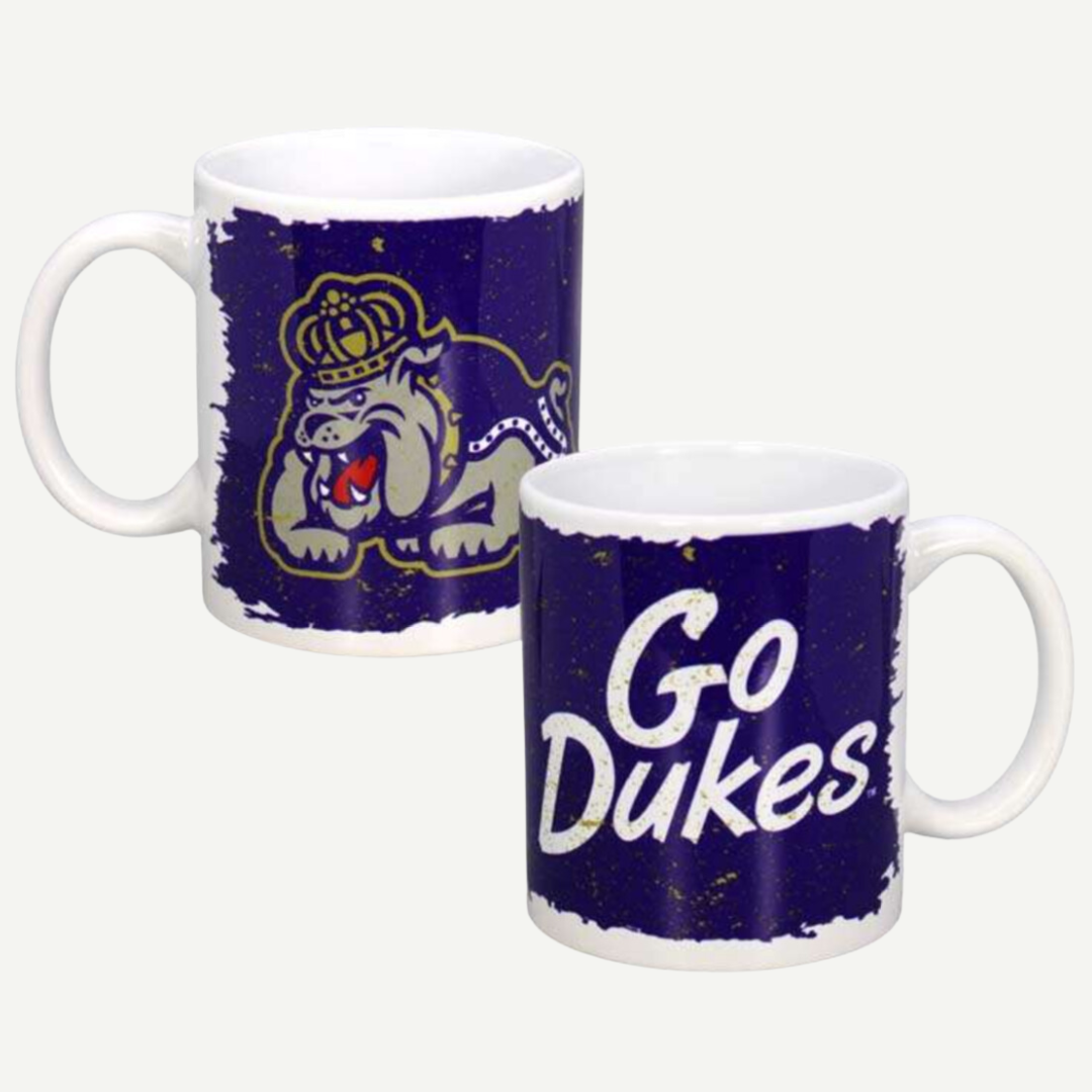 "Go Dukes" coffee mug featuring the JMU Duke Dog mascot and bold white lettering on a purple background.