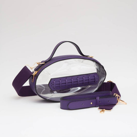 Purple clear bag with gold accents on a light gray background