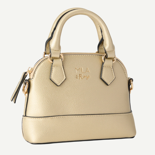 Beige handbag with gold accents on a white background