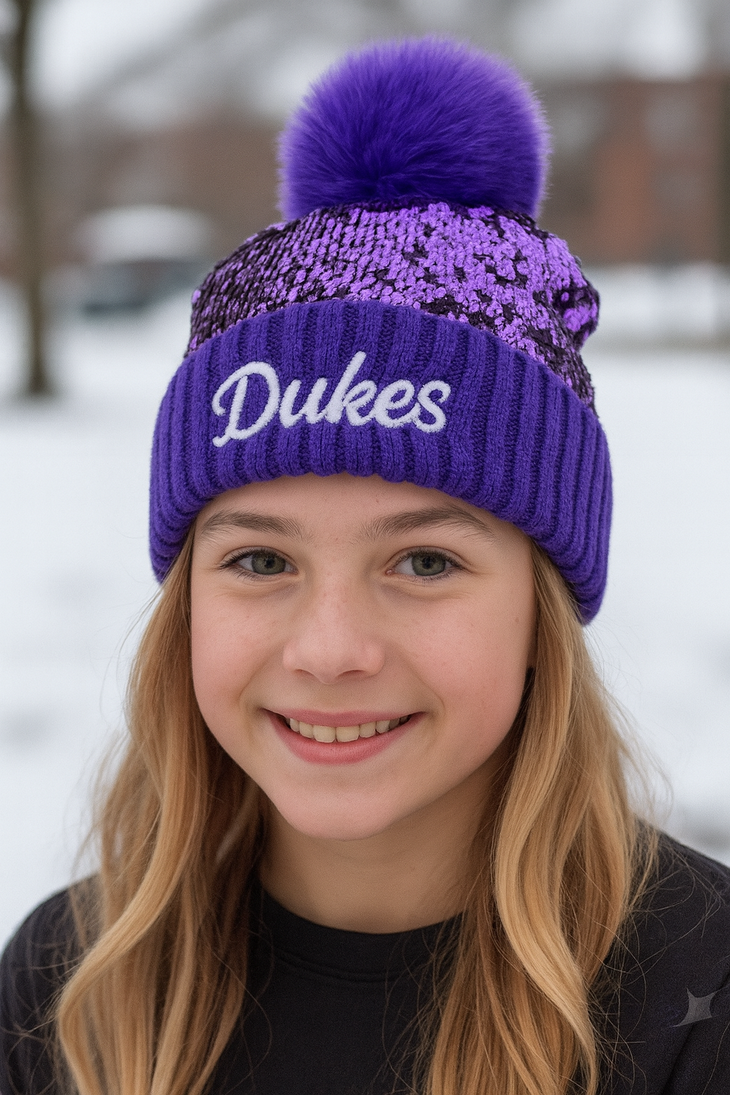 Embroidered Sequin Pom Beanie