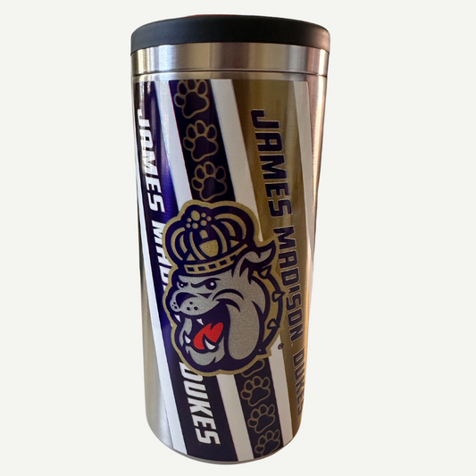 JMU 30 oz stainless steel tumbler with full-color logo, copper-lined, vacuum-insulated, splash-proof sliding lid, shatterproof, and BPA-free