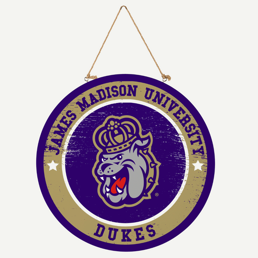 Round wooden sign with James Madison University logo and text on a white background