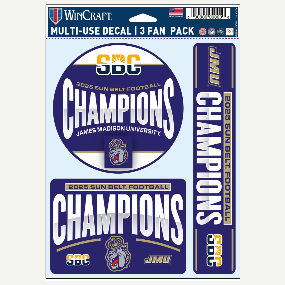 WinCraft multi-use decals for 2025 Sun Belt Football Champions with James Madison University logo.