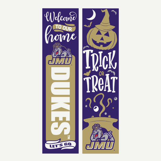 JMU 47" Halloween double-sided leaner with team colors and spooky seasonal designs.
