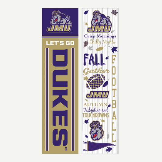 JMU 47" fall seasonal double-sided leaner with team colors and festive autumn themes.