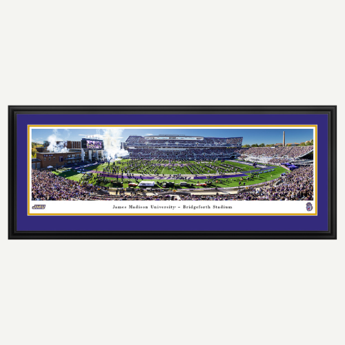 Panoramic stadium view framed with a blue border and black frame.