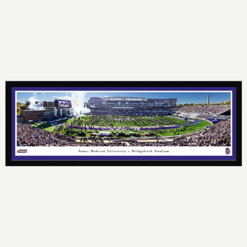 Panoramic photo of a stadium with a black frame