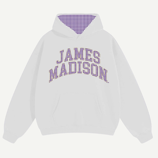 White hoodie with 'James Madison' text on a white background