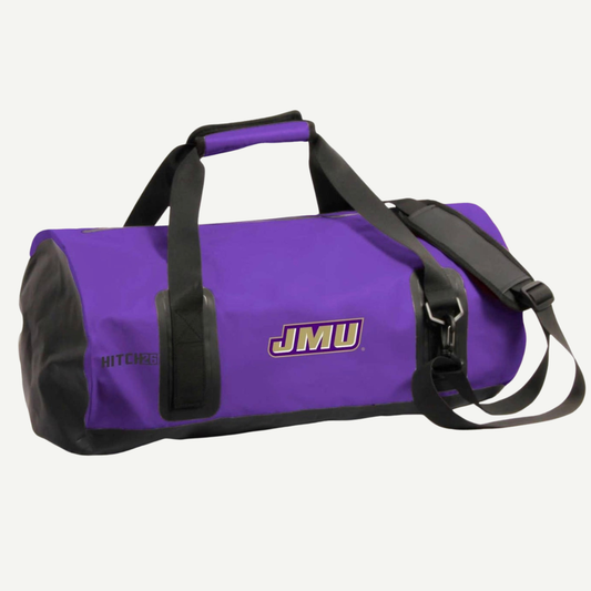 Purple duffel bag with black straps and 'JMU' logo on a white background