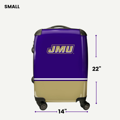 Purple and gold suitcase with JMU logo and measurements on a white background