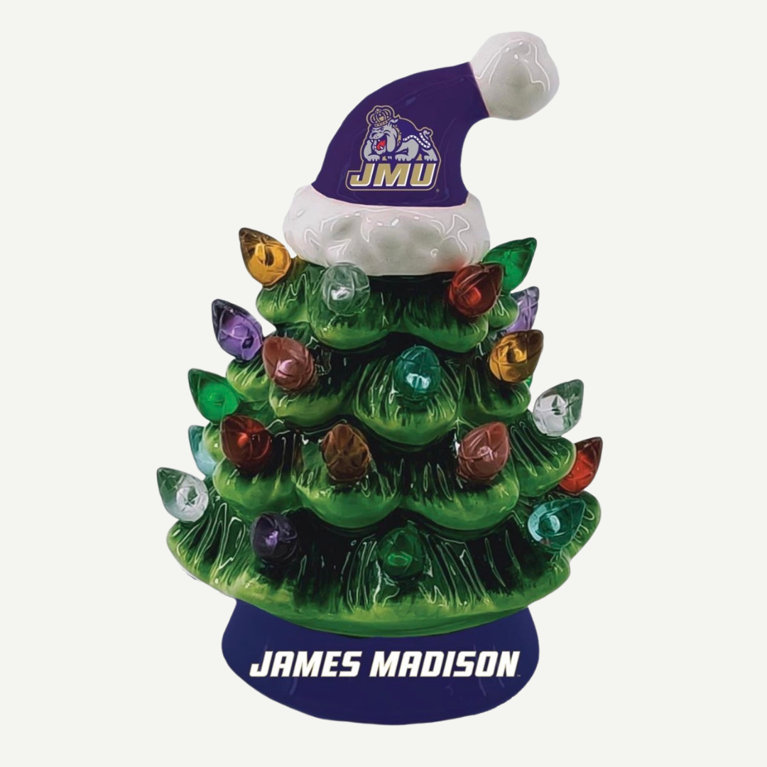 Decorative Christmas tree with colorful lights and a 'James Madison' hat on a white background