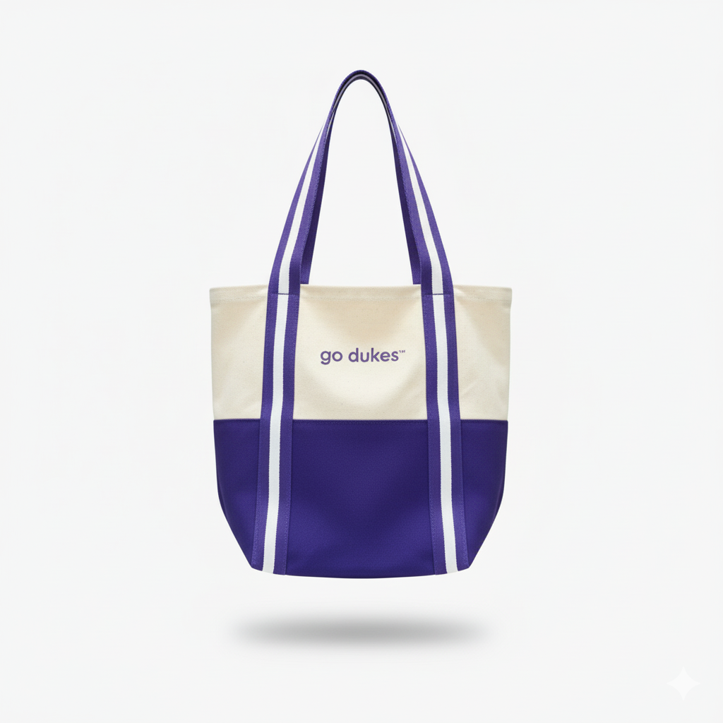 Tote bag with purple and white design on a light gray background