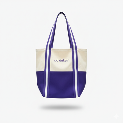 Tote bag with purple and white design on a light gray background