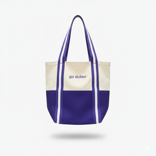 Tote bag with purple and white design on a light gray background