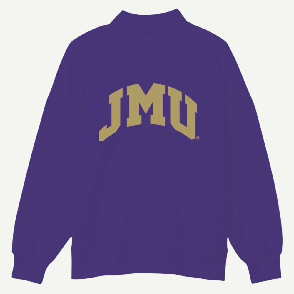 Purple sweatshirt with 'JMU' printed on it against a white background