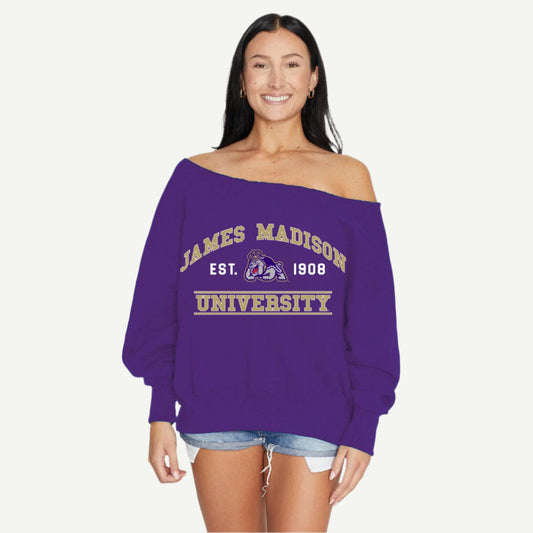 Woman wearing a purple 'James Madison University' sweatshirt on a white background