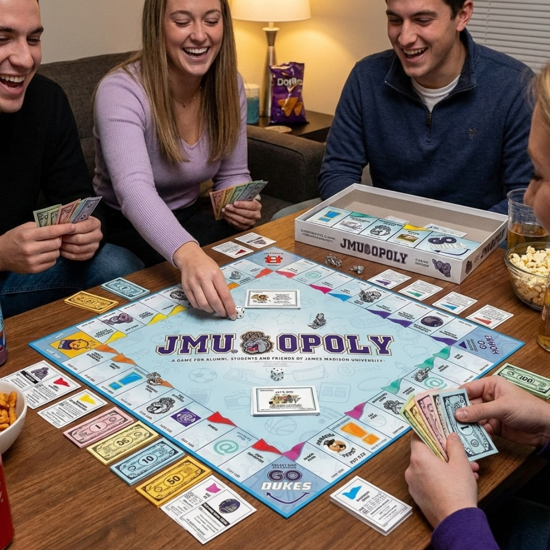 People playing a customized Monopoly game with 'JMU-opoly' branding.