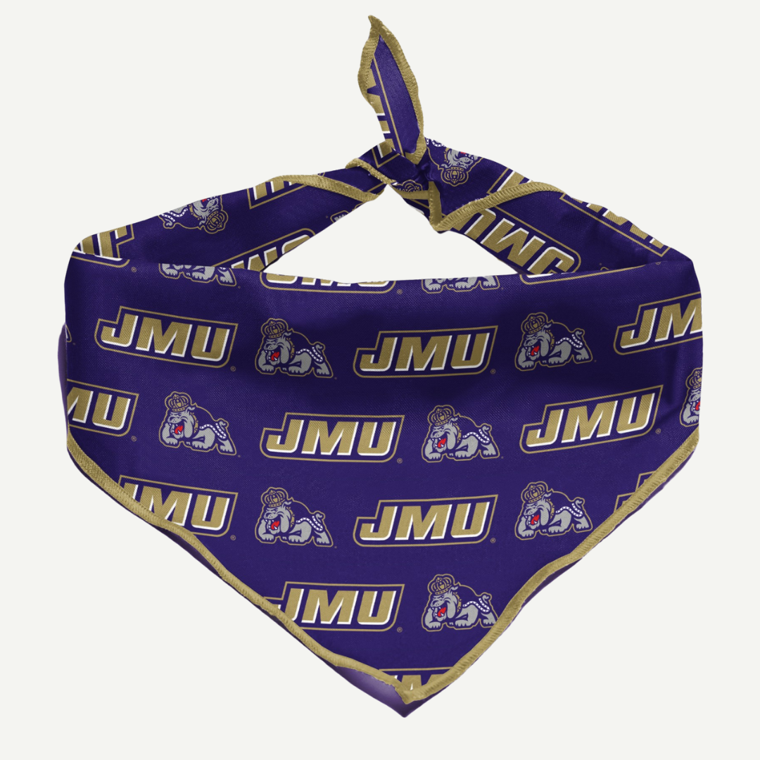 JMU Pet Bandana front view featuring JMU logo and mascot design by Purple Nation.