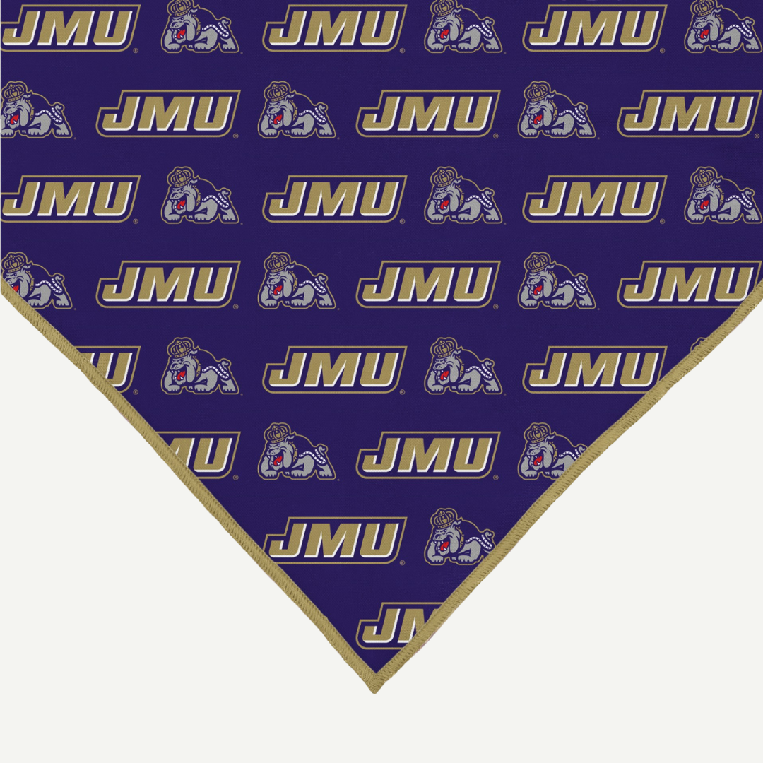 JMU Pet Bandana ZOOM showcasing lightweight purple fabric with JMU branding.