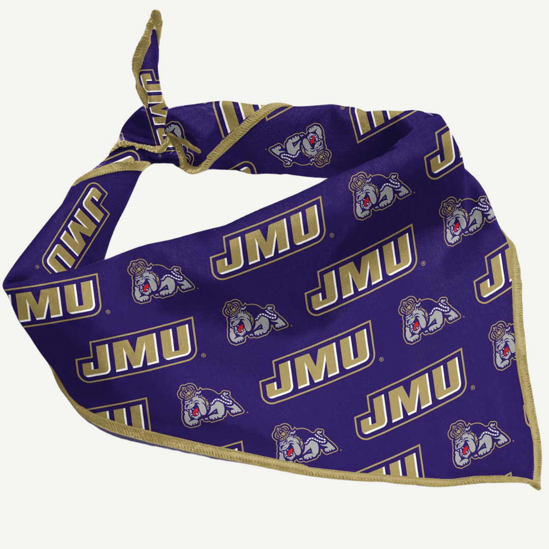 Close-up of JMU Pet Bandana with bold logo and gold-accented trim.