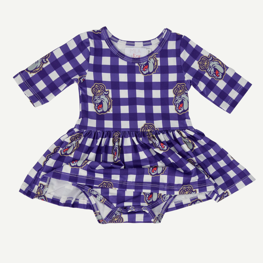 Purple and white checkered baby outfit with logos on a white background