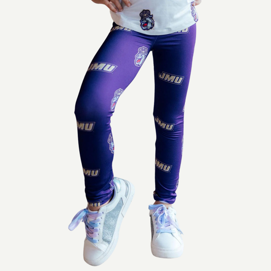 Purple leggings with 'JMU' branding worn by a person on a white background
