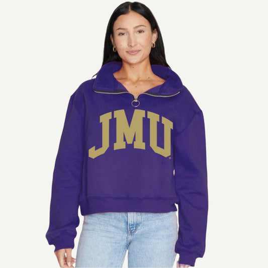 Person wearing a purple hoodie with 'JMU' on a white background