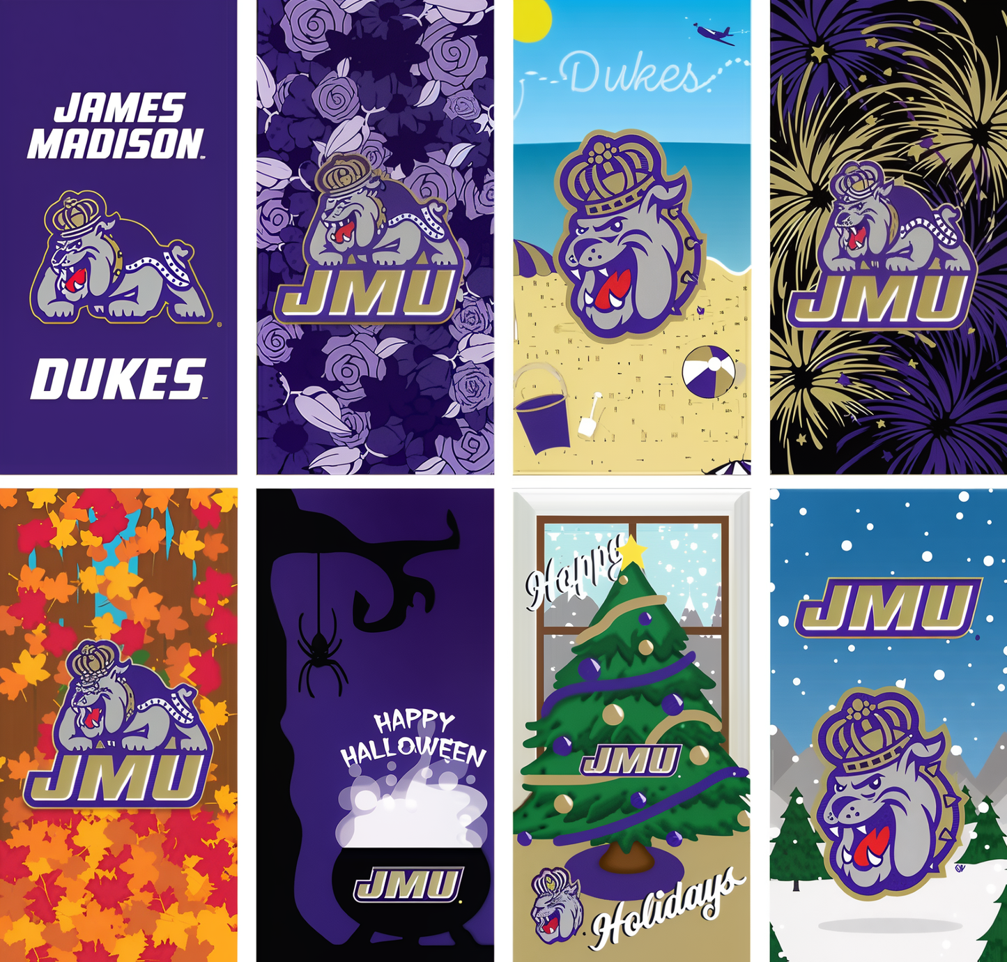 Collection of James Madison University-themed products including towels and decor with various designs.