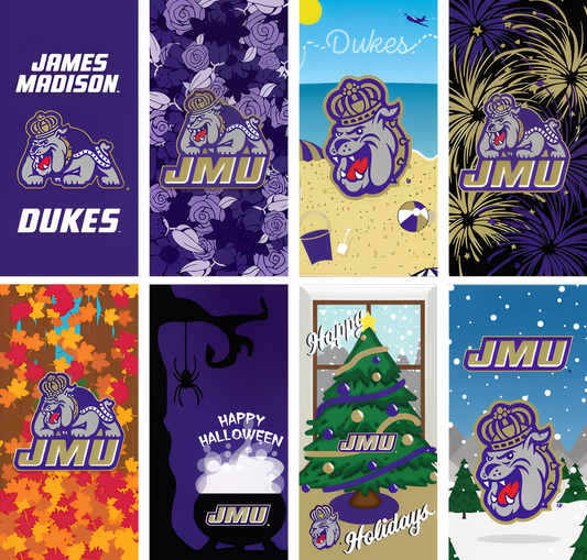 Collection of James Madison University-themed products including towels and decor with various designs.