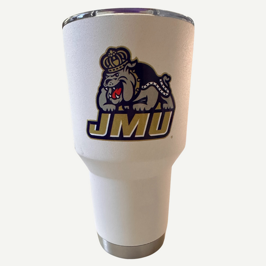 JMU Skinny Can Holder with full 360-degree logo design, officially licensed, vacuum insulated, stainless steel, fits most skinny cans and seltzers-front view