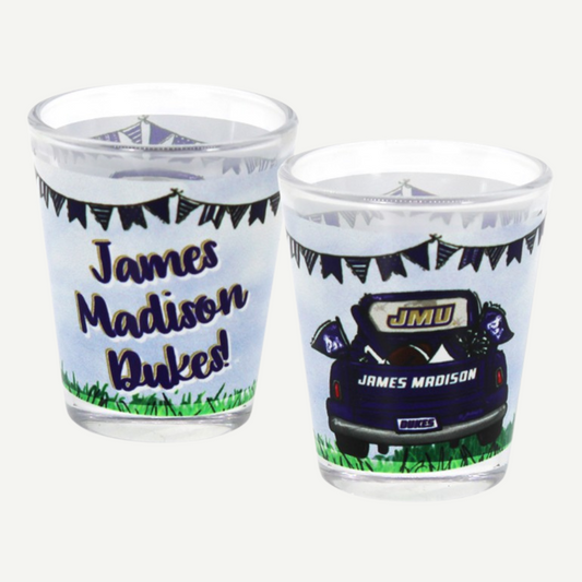 JMU Tailgate Shotglass with James Madison Dukes tailgate design
