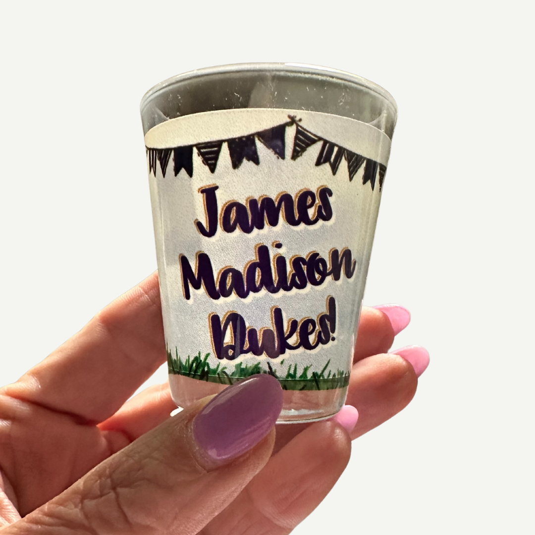 JMU Tailgate Shotglass with James Madison Dukes tailgate design