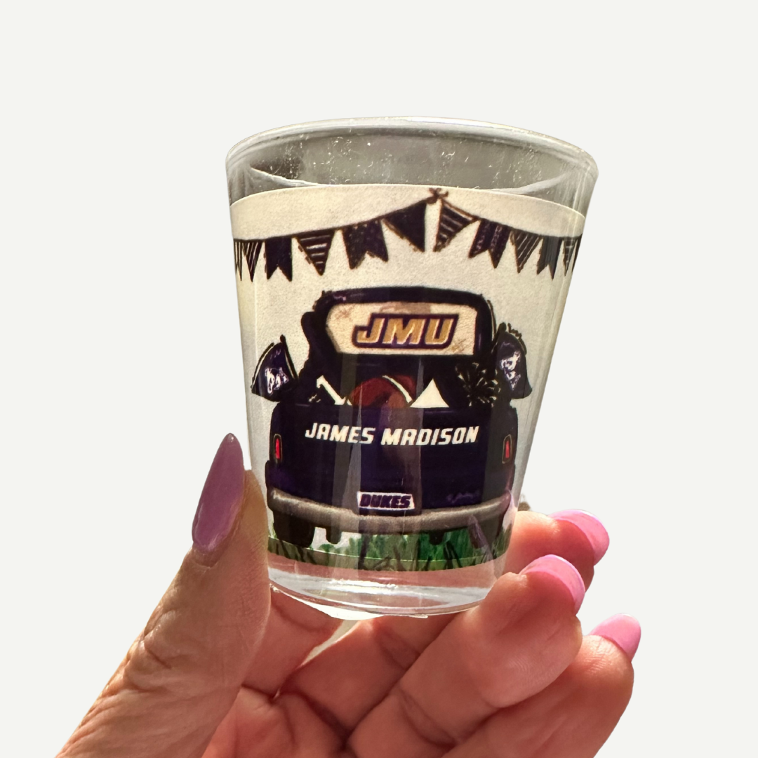 JMU Tailgate Shotglass with James Madison Dukes tailgate design