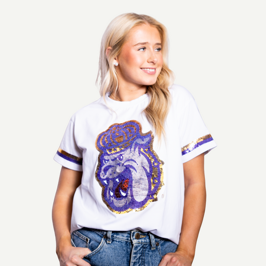 JMU Women’s Sequin Duke Dog Top – White Game Day Tee