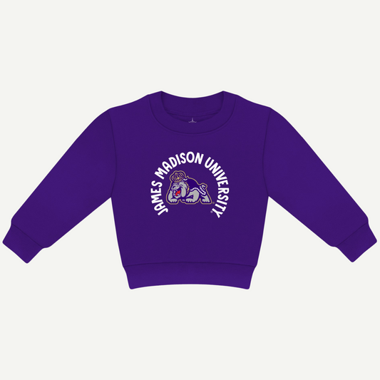 JMU Kids Sweatshirt featuring the James Madison University logo and Duke Dog mascot in purple.