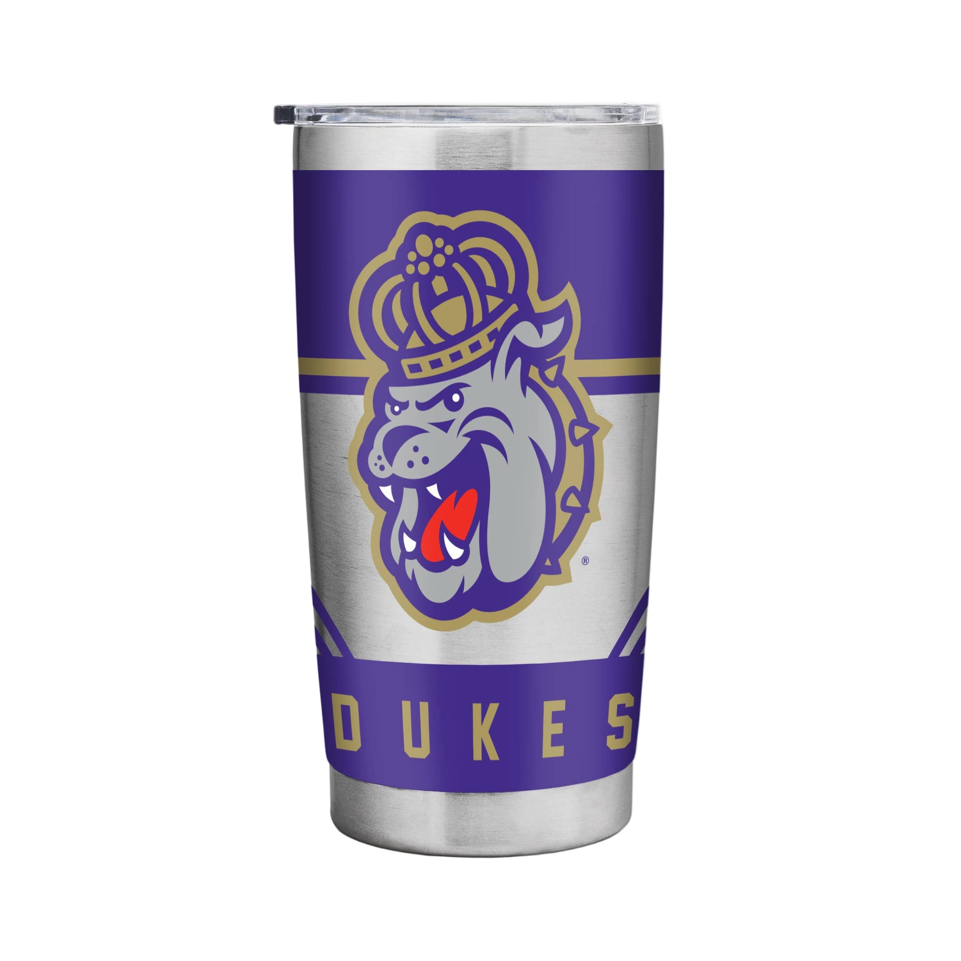 Tumbler with a logo featuring a dog and crown on a purple and white background