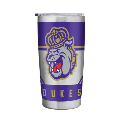 Tumbler with a logo featuring a dog and crown on a purple and white background