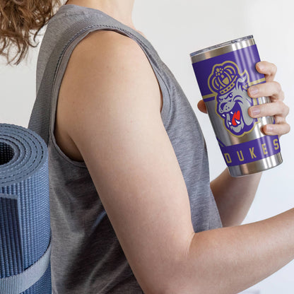 Person holding a purple tumbler with a logo and text, wearing a gray sleeveless shirt.