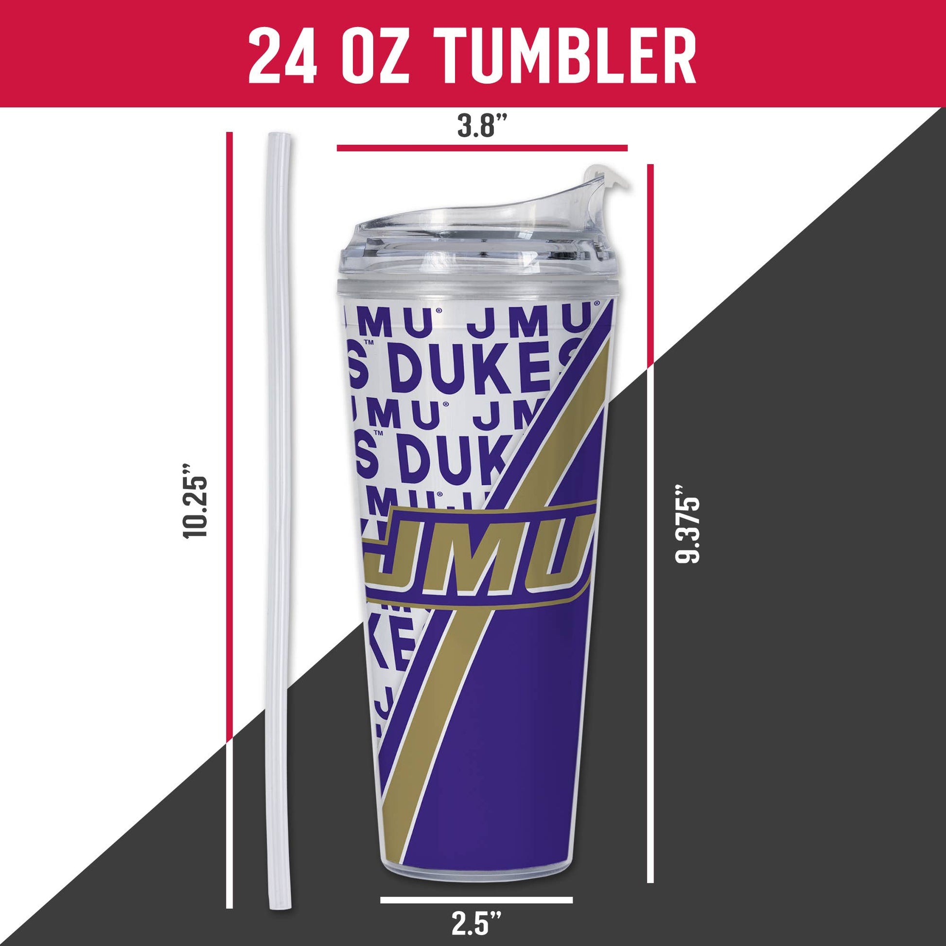 24 oz tumbler with JMU branding and measurements on a white background