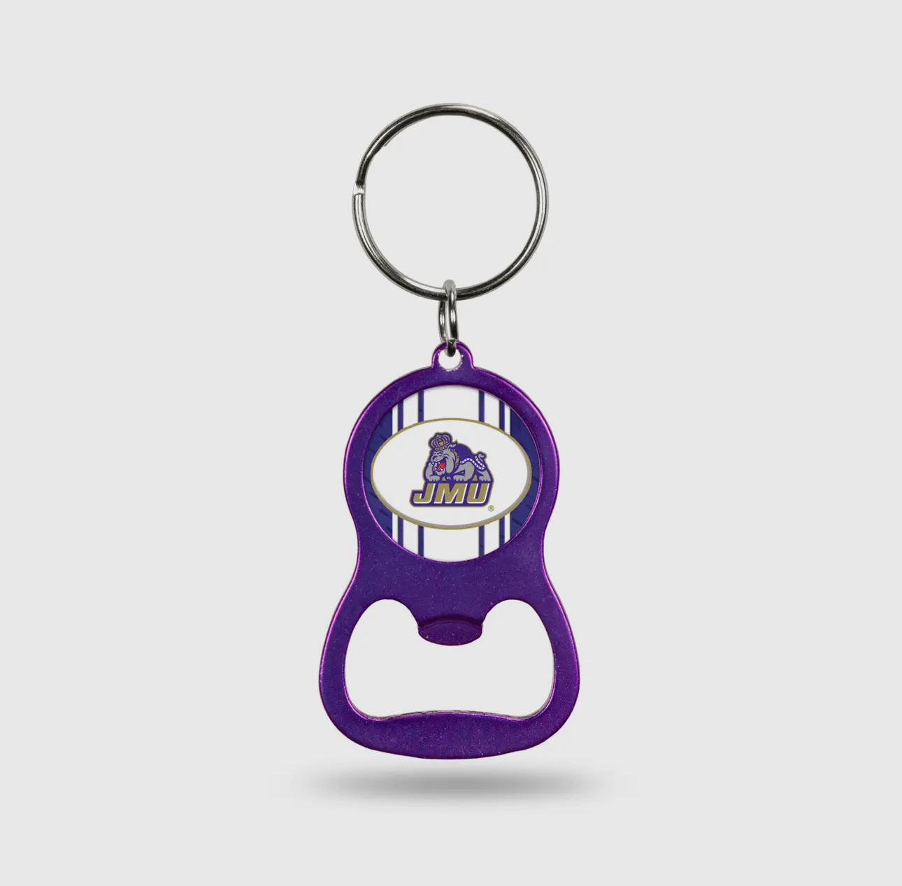 Purple bottle opener keychain with a logo on a white background