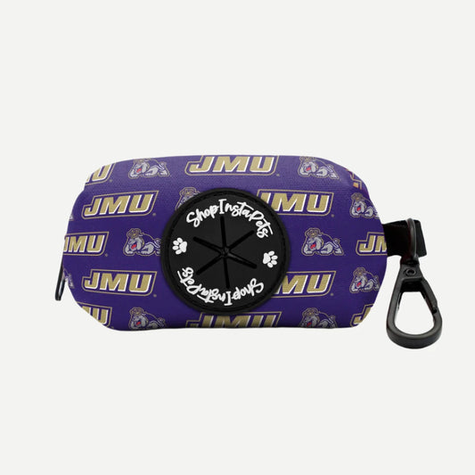 James Madison Dukes Dog Poop Bag Holder with JMU logos and a secure clip, perfect for carrying poop bags.