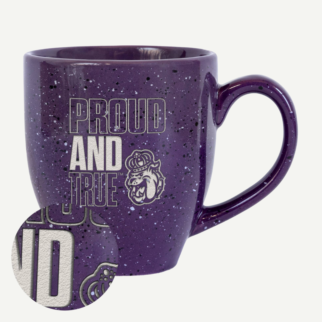 Purple mug with 'PROUD AND TRUE' text and logo on a white background
