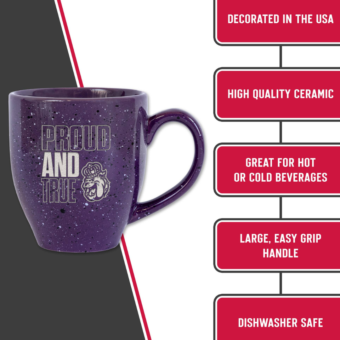 Purple mug with 'PROUD AND TRUE' text and logo, on a gray and red background with feature text.