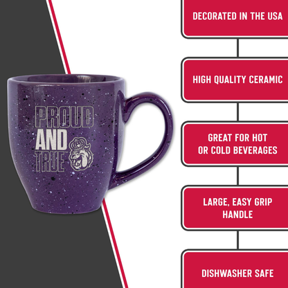 Purple mug with 'PROUD AND TRUE' text and logo, on a gray and red background with feature text.